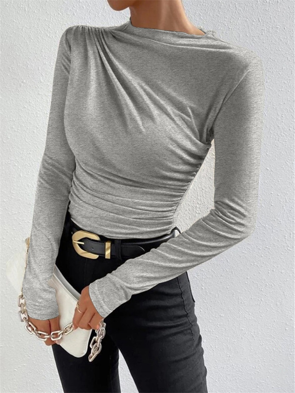 Commense Ruching Long Sleeve Shirt in Light Grey in Medium. New with tag